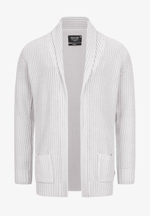 Cardigan di maglia grigio chiaro con apertura frontale, colletto in maglia a coste e due tasche laterali; presenta una trama testurizzata e una lavorazione morbida.