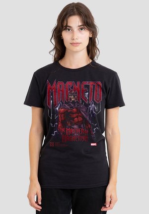 Black cotton t-shirt featuring a large graphic of Magneto with the text "MAGNETO THE MASTER OF MAGNETISM" in red and white. Short sleeves.