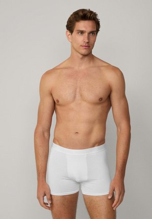 Boxer-briefs en coton blanc avec une ceinture élastique douce, conçus dans un style ajusté, sans motifs ni accents visibles.