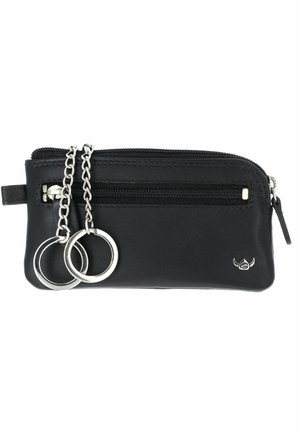 Pochette à clés en cuir noir avec poche zippée, deux anneaux argentés sur chaînes et petit logo argenté en bas à droite.