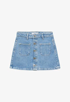 Fustă mini din denim de culoare albastru deschis, cu închidere prin nasturi, două buzunare frontale și o formă evazată cu margine brută.