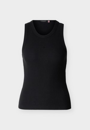 Mustast soonikanga materjalist varrukateta topp ümmarguse kaeluse, keha järgi lõigatud ja väikese tikitud logoga keskosas rindkerel.