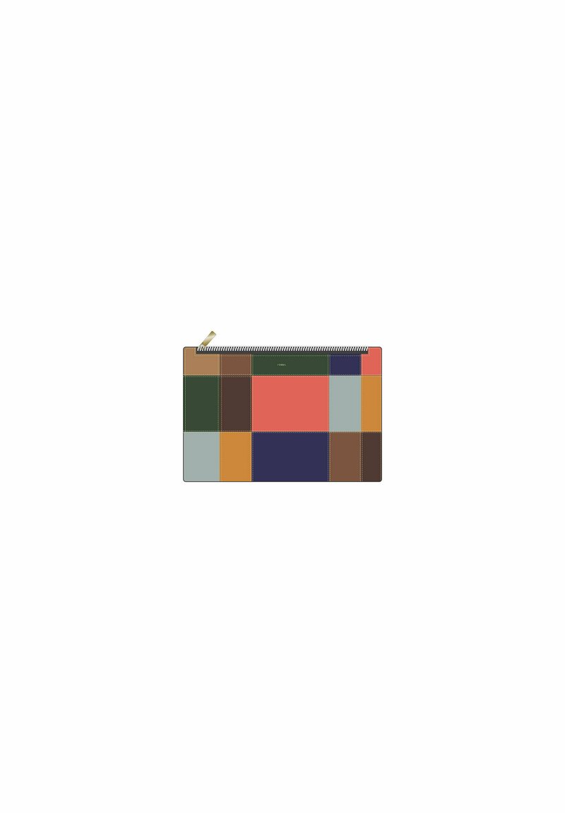 Pochette zippée de différentes couleurs, présentant un design en patchwork avec des carrés en cuir rouge, vert, bleu, beige et marron. Fini texturé.