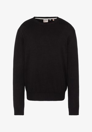 Pull noir à manches longues en tricot avec col rond, poignets et ourlet côtelés, étiquette de marque Schott à l'intérieur du col.