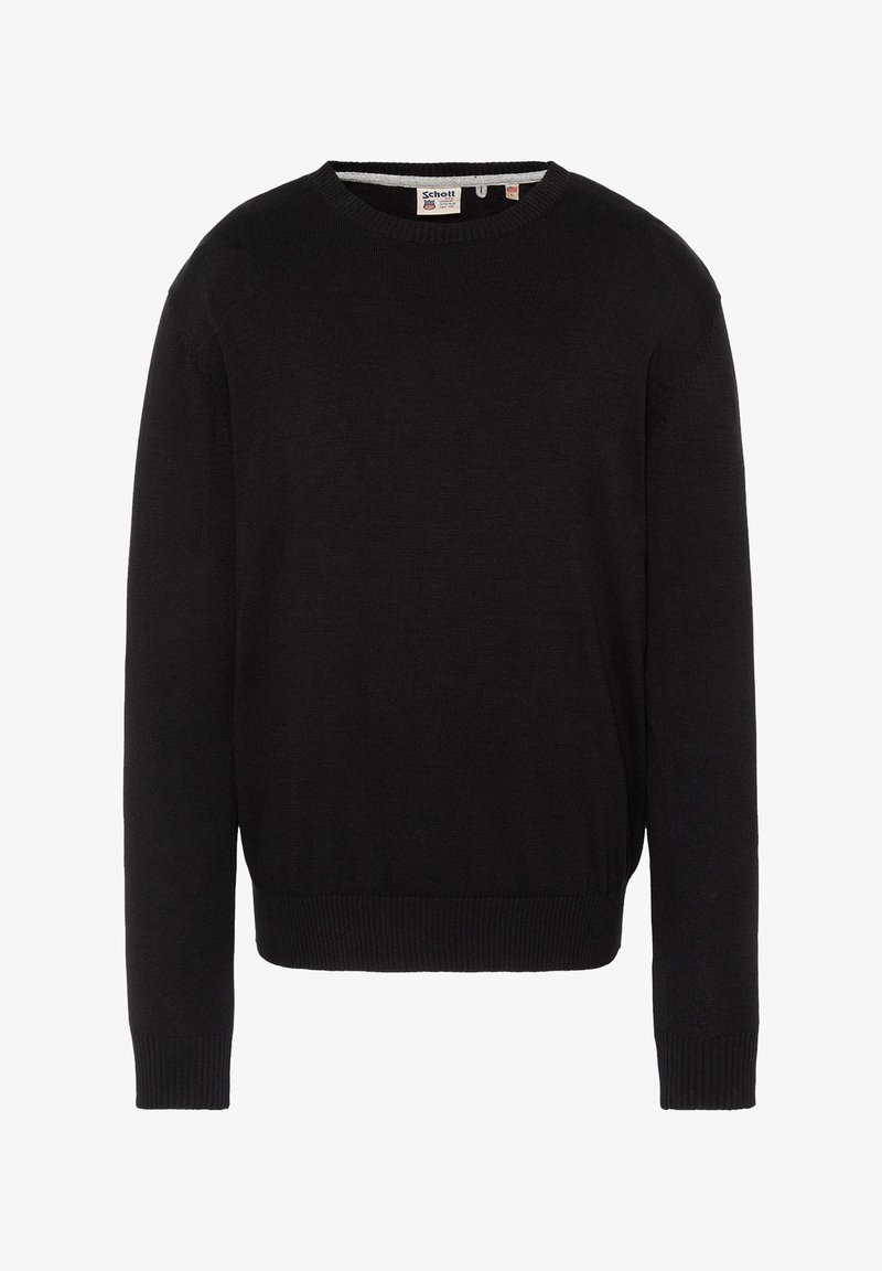 Pull noir à manches longues en tricot avec col rond, poignets et ourlet côtelés, étiquette de marque Schott à l'intérieur du col.