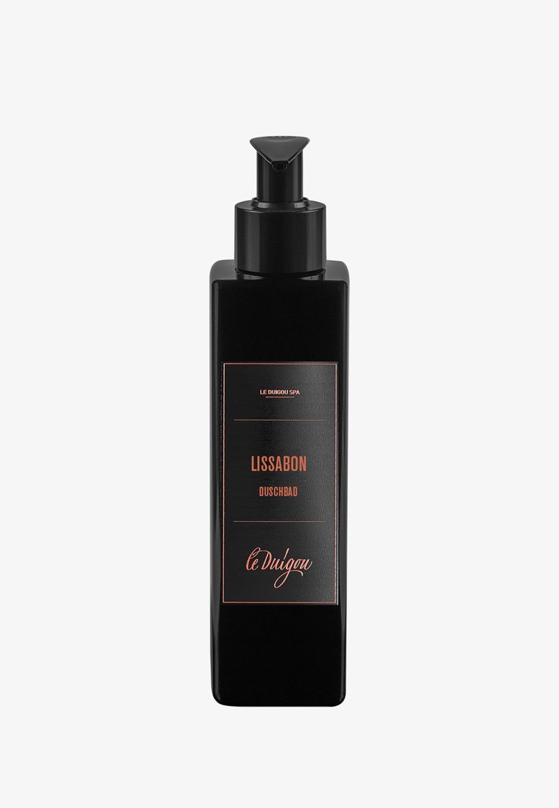 Schwarze rechteckige Spenderflasche mit glänzender Oberfläche, ausgestattet mit einem minimalistischen Etikett, das "Lissabon Duschbad" und "le Dulgau" in Kupfer zeigt.