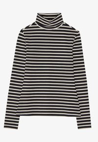Stripet genser med svart og kremfargede horisontale striper, lange ermer, mykt stoff og høy krage.