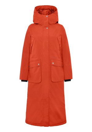 Red long coat with a hood, featuring two front pockets, snap closures, and contrasting black cuffs. Made of weather-resistant material.