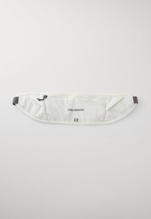 Ceinture de course Salomon gris clair avec poche zippée et sangle réglable, conçue pour transporter de petits objets pendant l'exercice.