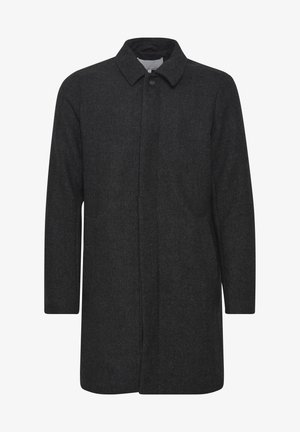 Czarny wełniany płaszcz w ciemnoszarym kolorze z wywijanym kołnierzem, zapięciem na guziki i dwoma bocznymi kieszeniami; cechuje się prostym krojem i teksturowanym materiałem.