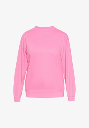 Różowy sweter z długimi rękawami, okrągłym dekoltem i prążkowanymi mankietami. Wykonany z miękkiego materiału o gładkiej fakturze i luźnym kroju.