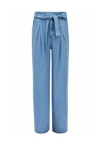 Pantalon en denim bleu clair avec des plis, une ceinture à nouer et des jambes larges. Texture lisse et ourlet fini. Convient pour un style décontracté.