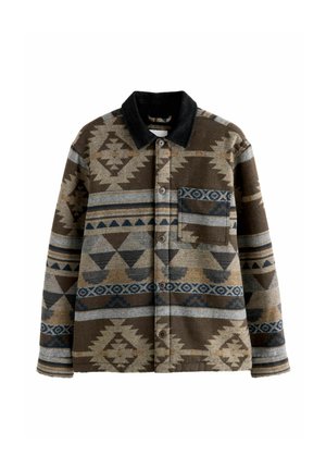 Jachetă cu nasturi căptușită, în nuanțe de maro și bej, cu guler negru și buzunar pe piept, prezentând designuri geometrice și inspirate din tribal.