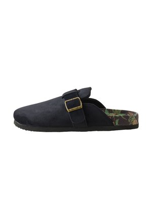 Suede clogs in dark navy featuring a gold-tone buckle and floral-patterned insole. Slip-on design with a flexible black outsole for comfort.