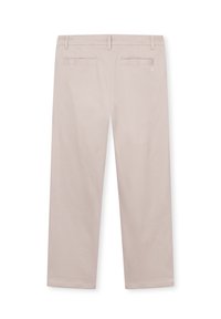 Svetlo béžové nohavice so rovnou siluetou, vyrobené z mäkkej tkaniny. Obsahujú dve zadné vrecká a nenápadné logo pri páse.