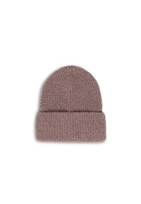 Pletene kape napravljene od teksturirane, meke pređe u prigušenoj boji mauve. Ima preklop na dnu koji omogućuje prilagodbu veličine.