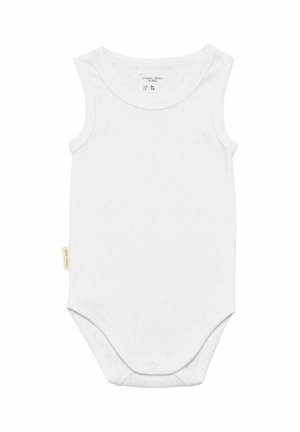Bodysuit blanco sin mangas con un patrón texturizado. Presenta un escote redondo y cierres a presión en la parte inferior para facilitar el vestir.
