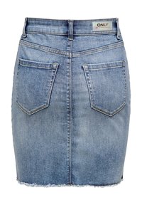 Denimkjol, ljusblå tvätt, rå nederkant, två bakfickor, standard midjeband med bältesöglor, varumärkesetikett bak.