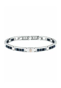 Silverfärgad metallarmband med växlande svarta keramiska länkar, med en central logokloss och en elegant, modern design.