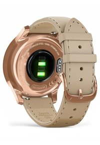 Smartwatch con retro in acciaio inossidabile rosa dorato, sensori verdi e cinturino beige testurizzato. Include una funzione di rilascio rapido.