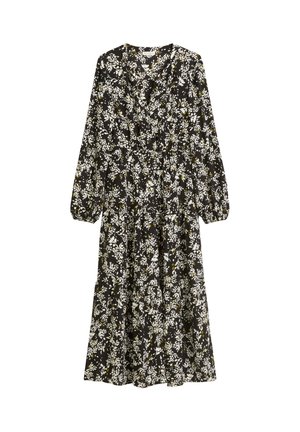 Robe noire à manches longues avec un motif floral blanc et jaune, décolleté en V, taille froncée et jupe fluide. Tissu doux avec une texture lisse.