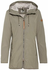 Khaki, long-sleeve jacket with a hood, made of recycled material. Features a zip closure, side pockets, and an inner fleece lining.