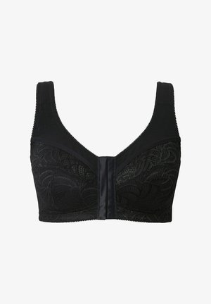 Sostenedor negro con tirantes anchos, con un patrón de encaje y tela texturizada. Cierre delantero con un panel de satén; bordes lisos y detalles cosidos.