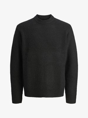 Black knitted crewneck sweater with long sleeves and ribbed cuffs and hem, displayed on a white background.