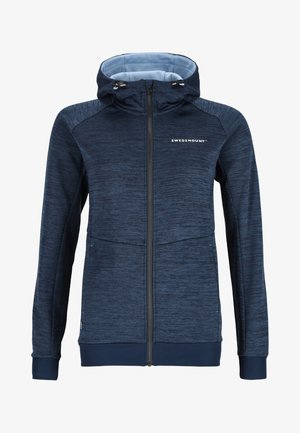 Navyblauwe ritssluiting hoodie in textiel met capuchon, voorzien van twee voorzakken en een logo op de borst. Elastische cuffs en onderkant.