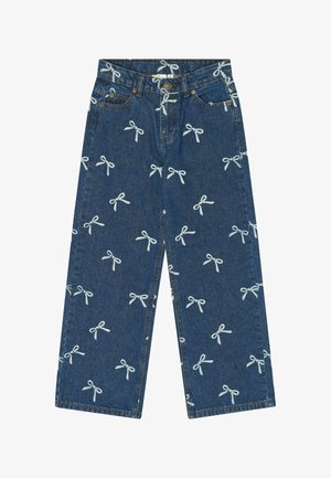 Blå vidbenede denimjeans med hvide sløjfeprints overalt, lukning foran med knapper og design med fem lommer.
