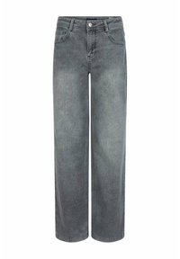 Grijze denim wijde pijpen jeans, met een klassieke vijf-pocket ontwerp, knoopsluiting en een licht vervaagde textuur.