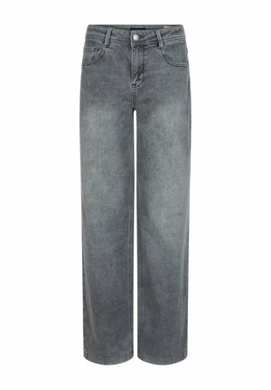 Grijze denim wijde pijpen jeans, met een klassieke vijf-pocket ontwerp, knoopsluiting en een licht vervaagde textuur.