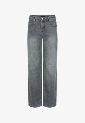 Weite Jeans aus grauem Denim mit klassischem Fünf-Taschen-Design, Knopfverschluss und leicht verfärbter Textur.