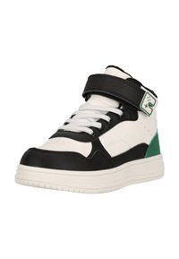 Høj-top sneakers med sort og hvid farveskema, grøn accent, lædermateriale, snørebånd og velcro-lukning, tekstureret sål.
