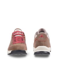 Zapatos de ante marrón con cordones rojos y costuras de acento. Presentan una suela acolchada, puntera redondeada y un detalle de logo en la parte trasera.