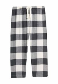 Black and white checkered pajama pants with an elastic waistband and adjustable drawstring. Made of soft, lightweight fabric.