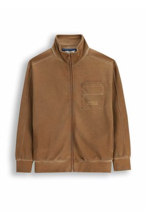 Brązowa polarowa kurtka na zamek z wysokim kołnierzem, przednią kieszenią i wyszytym napisem. Posiada elastyczne mankiety i bok. Wykonana z miękkiego, wszechstronnego materiału.