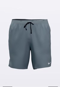 Šedé běžecké šortky Nike s páskem na stažení, hladkou texturou, logem a prodyšným designem pro sportovní použití.