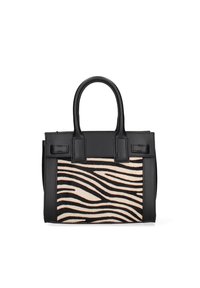 Zwarte leren handtas met een zebraprint aan de voorkant. Voorzien van twee bovenhandgrepen, een rechthoekige vorm en contrasterende gestructureerde stof.