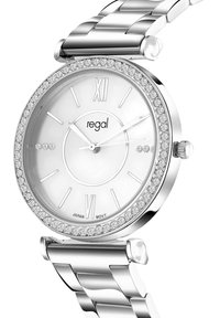 Silberne Uhr mit rundem Zifferblatt, weißem Ziffernblatt, römischen Ziffern und einem mit Kristallen verzierten Gehäuse. Verfügt über ein Armband aus Edelstahl.