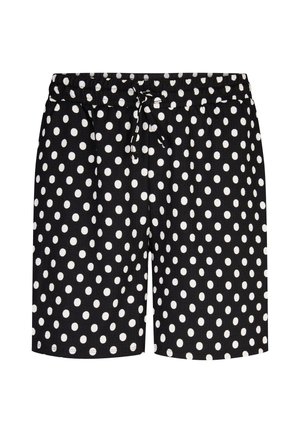 Zwarte korte broek met witte stippen, elastische tailleband en een trekkoord aan de voorkant.