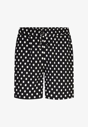 Zwarte korte broek met witte stippen, elastische tailleband en een trekkoord aan de voorkant.