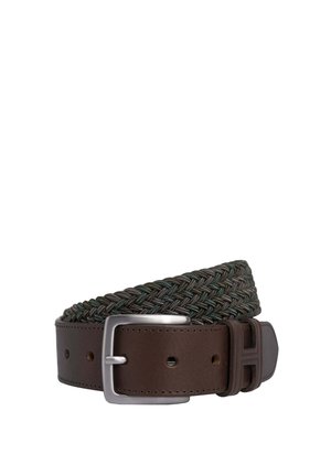 Braided belt with dark green and brown woven fabric, brown leather backing, silver metal buckle, and multiple adjustment holes.