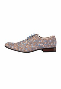 Brown shoe featuring floral embroidery in blue and white, with a pointed toe, flat wood heel, and blue laces. Smooth texture.