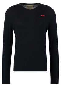 Svart långärmad V-ringad tröja med röd logga på bröstet, ribbade manschetter och nederkant, medelstorlek, varumärke Hollister.