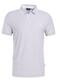 Graues Baumwoll-Polohemd mit klassischem Kragen, weißen Akzenten und einem kleinen Logo auf der linken Brust. Kurze Ärmel mit gestreiften Bündchen.