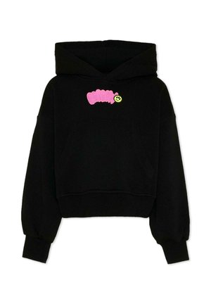 Sweat à capuche noir court avec une poche avant, des manches bouffantes, le texte rose "BABY" et un petit smiley jaune sur la poitrine.