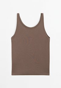 Bruine geribbelde tanktop met een ronde halslijn en brede schouderbanden, met een gladde textuur en een aansluitend ontwerp.