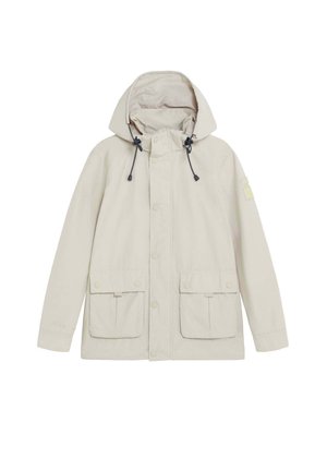 Chaqueta beige con capucha, cordones ajustables, cierre frontal con botones a presión y dos grandes bolsillos frontales con solapa.