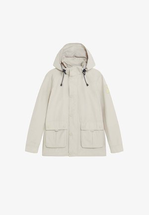 Giacca beige con cappuccio e coulisse, chiusura frontale con bottoni a scatto e due ampie tasche frontali con patta.